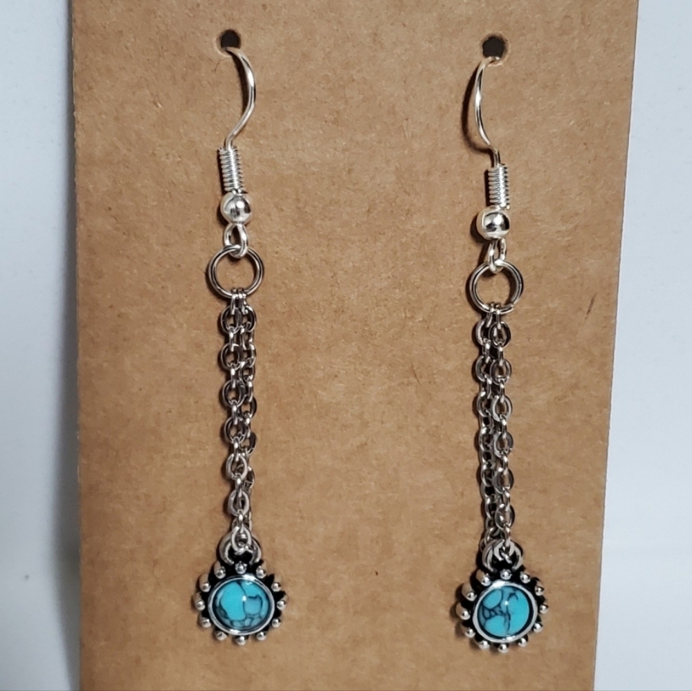 Blue and Silver Chain Dangle Handmade Earrings with Gemstone